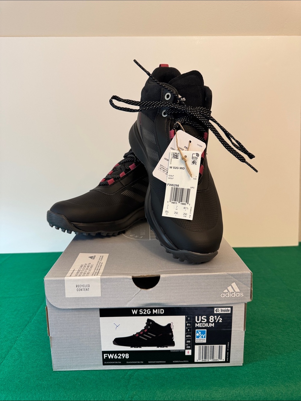 adidas Black Mid-Height Golf Boots with Pink Accents